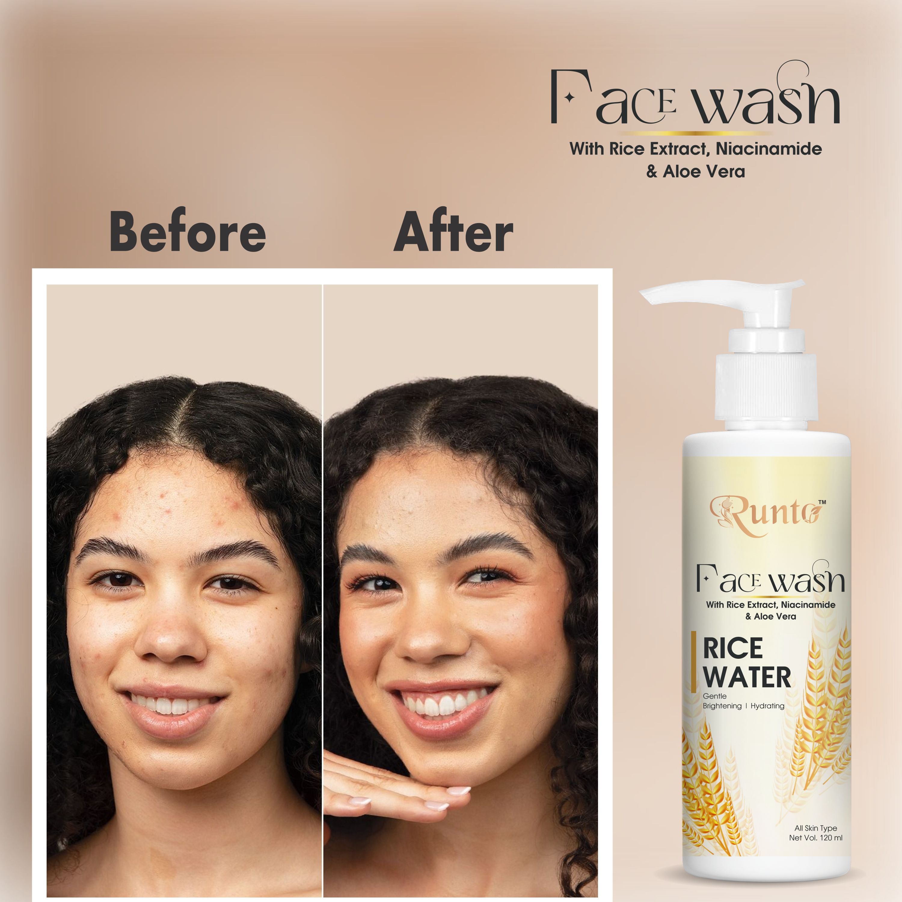 RUNTO Rice Water Brightening with Niacinamide & Aloe Vera – 120 ml Face Wash