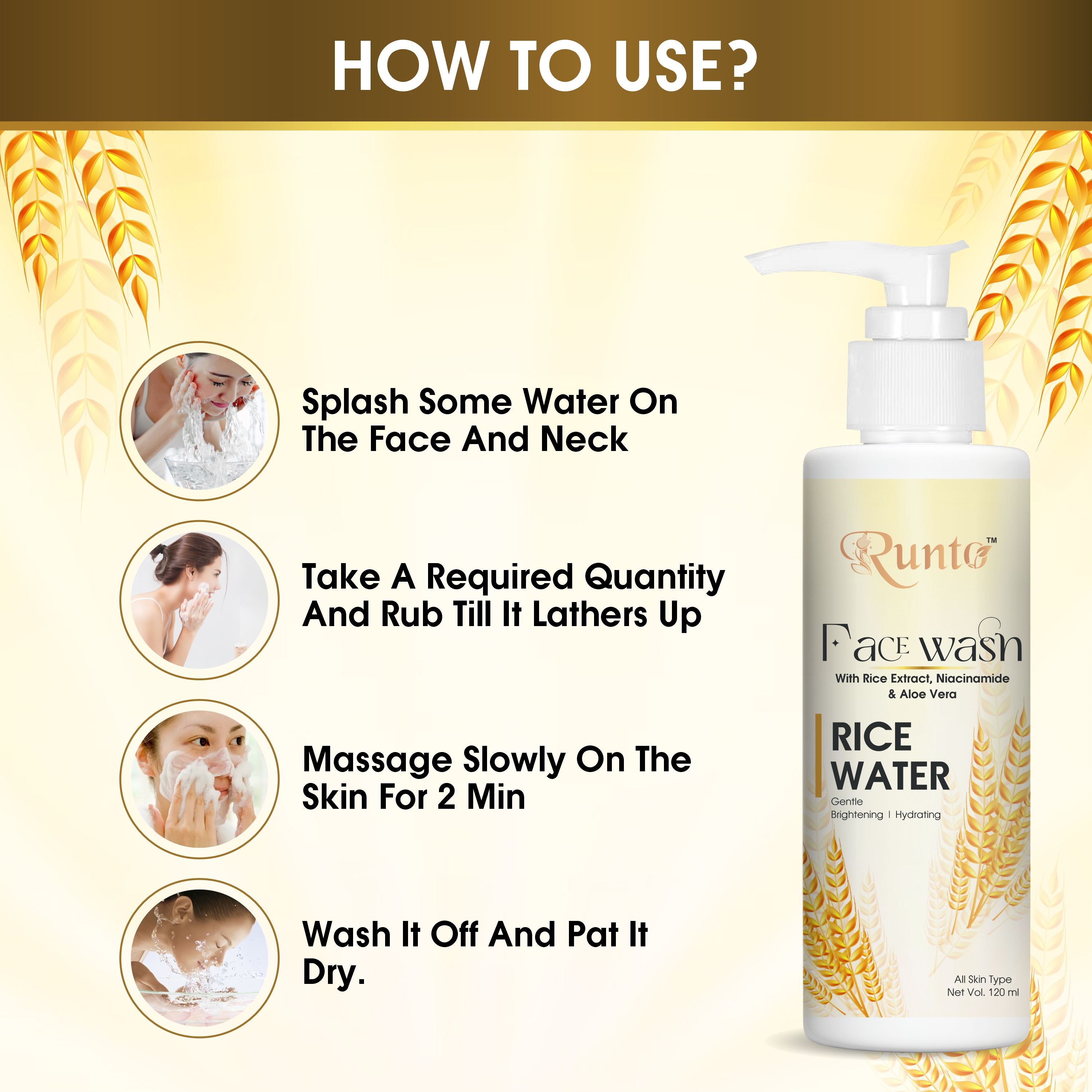 RUNTO Rice Water Brightening with Niacinamide & Aloe Vera – 120 ml Face Wash