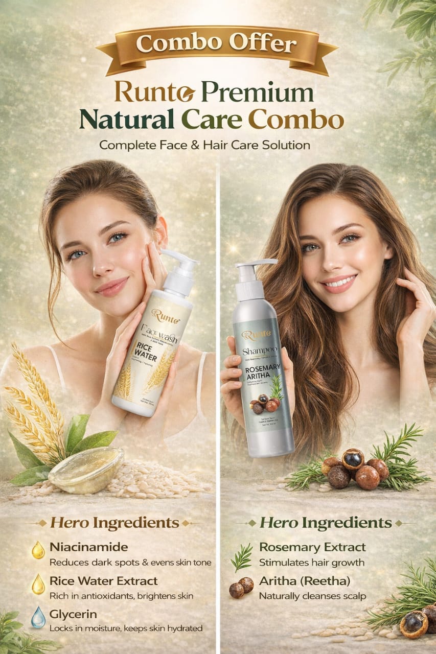 RUNTO Rice Water Face Wash & Rosemary Aritha Shampoo Combo – Complete Face & Hair Care Solution